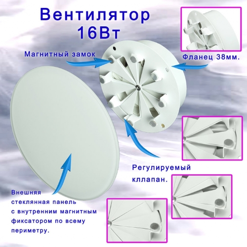 Тонкий бесшумный вытяжной вентилятор для ванной Mmotors ММР 100 глянцевое стекло круг белый